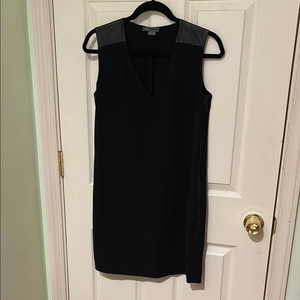 Vince | Leather Accent Black V-Neck Mini Shift Dress - Size 6